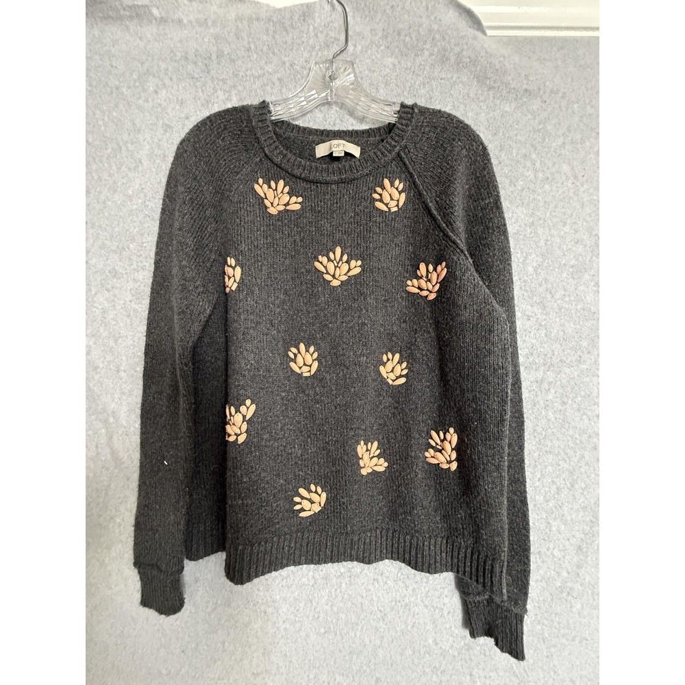 LOFT Sweater Womens Small Gray Jewel Embellished Floral Raglan Pullover Knit